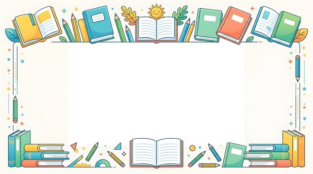 Educational themed border with books and school supplies for learning backgrounds.