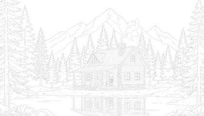 Naklejka premium Cabin Surrounded by Trees and Mountains in a Serene Landscape Featuring Nature, Peaceful, Forest with Illustration and Drawing