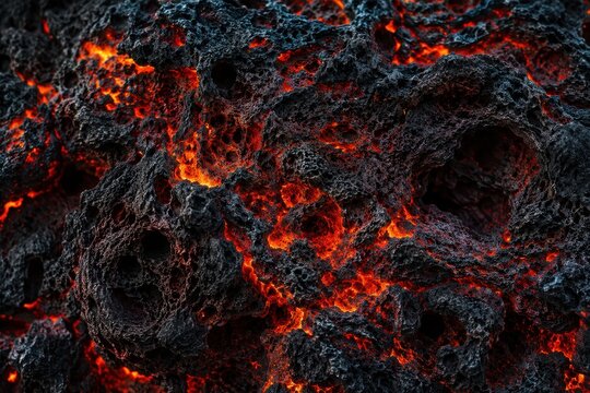 Molten lava flowing over dark rocks, creating a textured, glowing surface