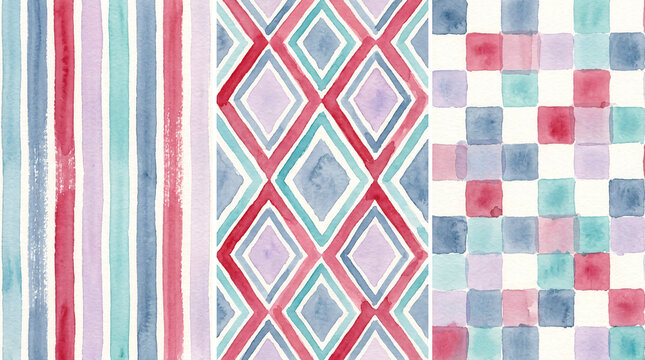 Abstract watercolor patterns featuring stripes diamonds squares.