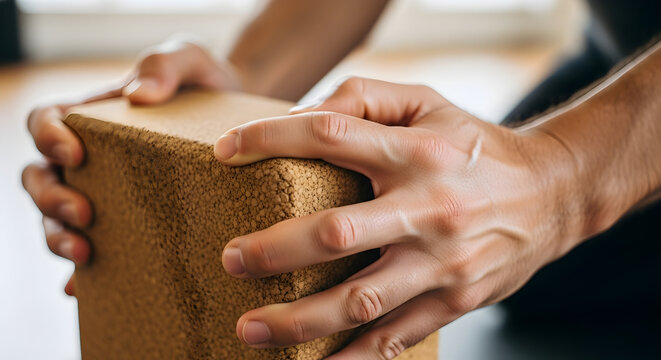 Hands Pressing A Natural Yoga Block During A Fitness Session Focused On Wellbeing And Mindfulness At Home Near Bright Window