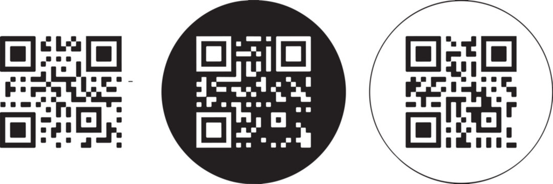 Three variations of quick response code vector graphics presented in different styles including isolated square code black circular border and simple square frame for scanning digital data.