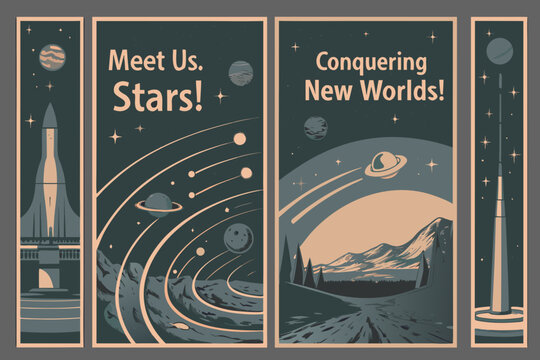 Retro space travel vector illustrations featuring planets rockets and celestial bodies on a dark background