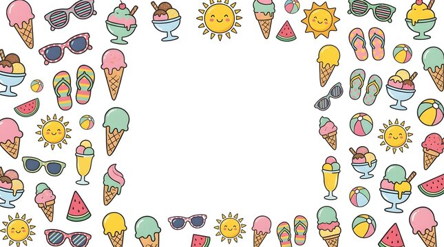Playful doodle-style summer border featuring ice cream, sun, and fun seasonal icons.