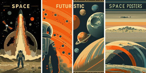 Retro Space Travel Posters A Set Of Three Vector Illustrations In Vintage Style © Liton