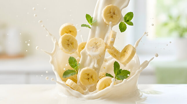 Fresh Banana and Mint Splashing in Milk