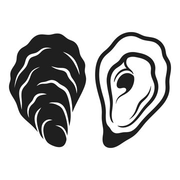 Black and white illustration of oyster shells one open one closed icon