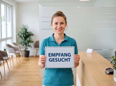 L&auml;chelnde Frau mittleren Alters h&auml;lt Schild mit Aufschrift Empfang gesucht in moderner Praxis am Empfangstresen