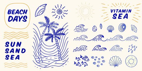 Collection Of Hand drawn Blue Line Art Elements Depicting Beach And Ocean Themes © Liton