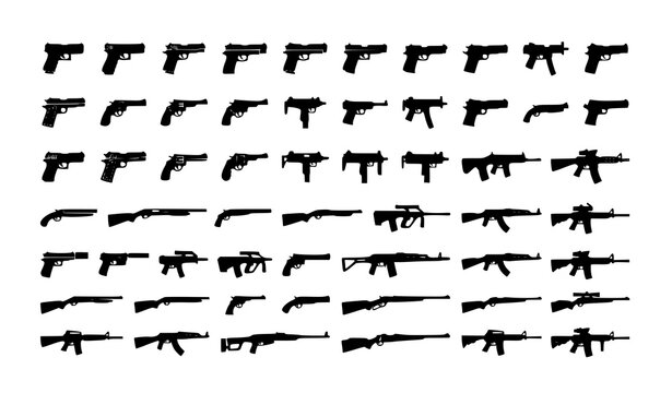 Premium Gun Silhouette Vector Collection with Flat Firearm Icons and Black Weapon Symbols