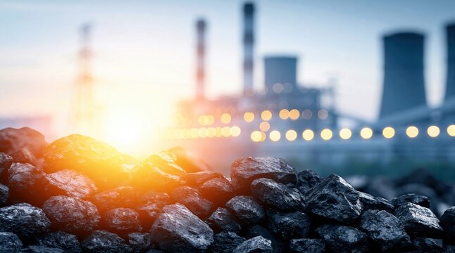 Coal pile in front of blurred thermal power plant at sunset