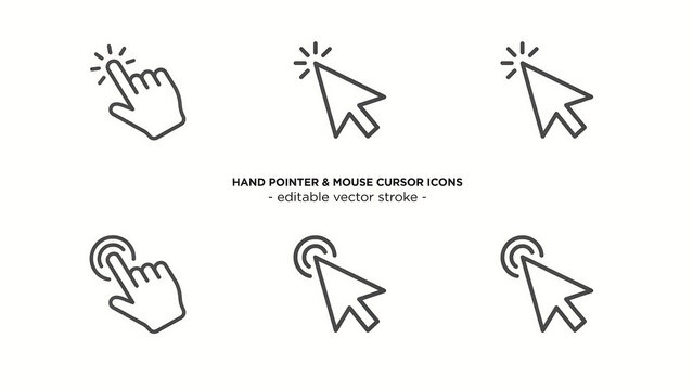 Hand pointer and computer mouse cursor selection icons with selection, interface