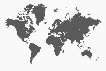 Dark gray world map silhouette against a white background depicting continents and oceans © Liton
