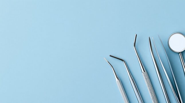 Dental instruments on light blue background with copy space