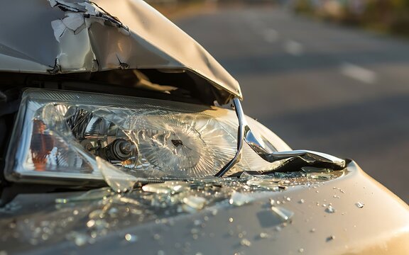 Close up of a smashed car windshield and hood after a major road collision for insurance and car safety concept