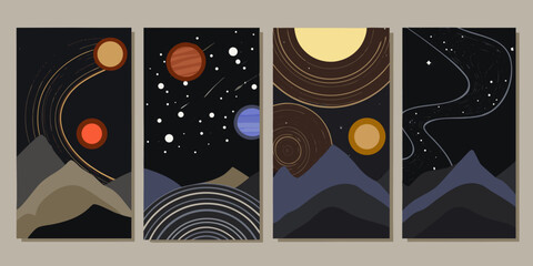 Retro sci fi planetary scenes with mountains and celestial bodies a vector illustration © Liton