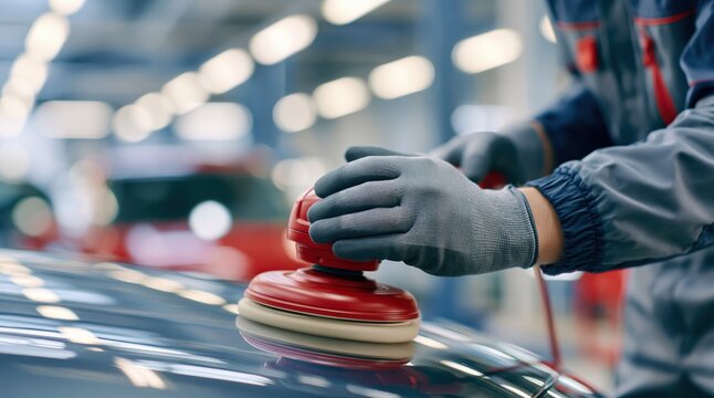 Professional car detailing process with orbital polisher on vehicle body