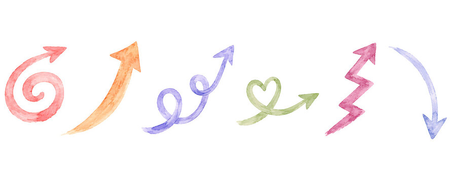 Colorful watercolor arrow set with spiral heart and zig zag.