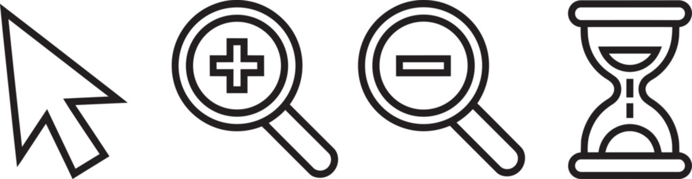 Various computer interface navigation and control icons featuring mouse pointer magnifier zoom tools and hourglass loading animation in minimalist black outline vector style design.