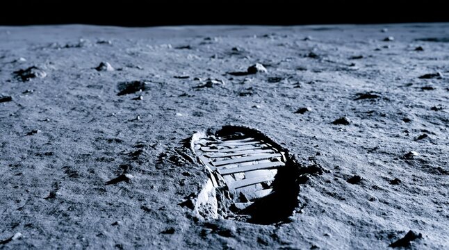 Boot footprint on lunar surface with rocky landscape in background