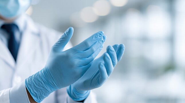 Doctor wearing protective blue surgical gloves and lab coat