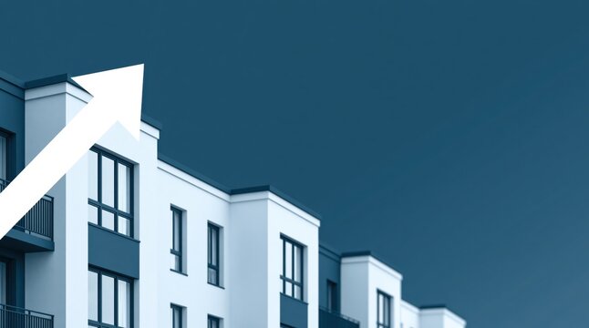 Row of modern residential buildings with white upward arrow on blue background