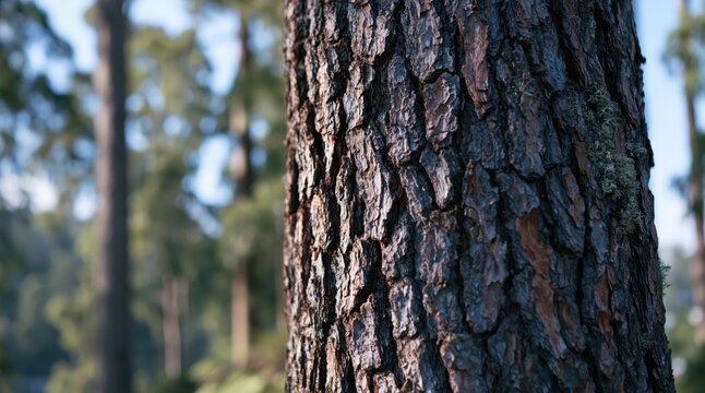 Close up of textured pine tree bark in sunny forest