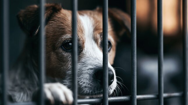 Sad dog looking through metal bars in animal shelter