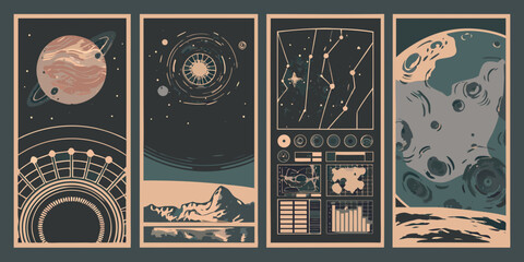 Celestial vector illustrations depicting planets constellations and lunar landscapes in a retro style © Asadul