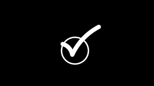 Animated checkmark symbol appearing with smooth motion on alpha channel with consistent animation against solid black backdrop variations subtle consistent