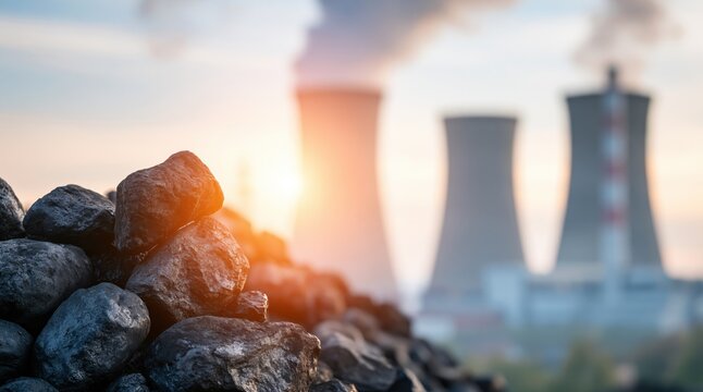 Coal heap with blurred nuclear power plant cooling towers in background