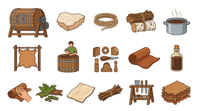 Set of Medieval Artisan Tools and Traditional Crafting Equipment.