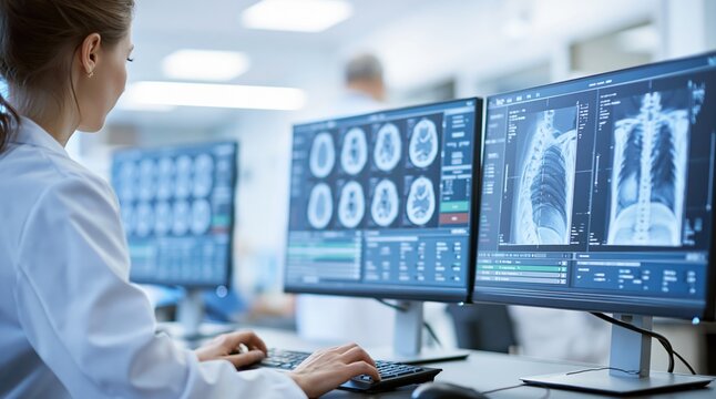 Female radiologist analyzing brain scans and x-ray on computer screen