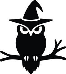 Fototapeta premium Black owl wearing a witch hat perched on a tree branch Halloween illustration spooky bird