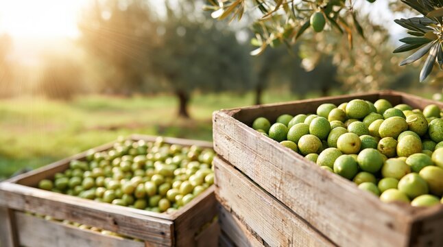 Fresh green olives in wooden crates in olive grove at sunset