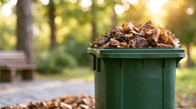 Green compost bin filled with dry brown autumn leaves in park
