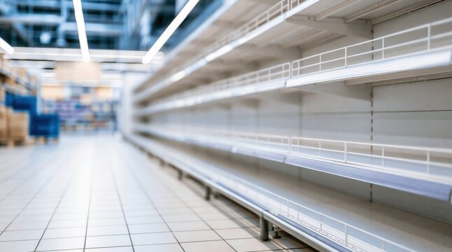 Empty white metal supermarket shelves in grocery store aisle