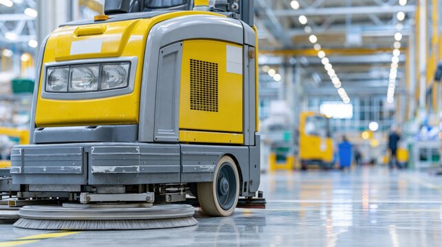 Industrial floor scrubber machine cleaning polished warehouse floor