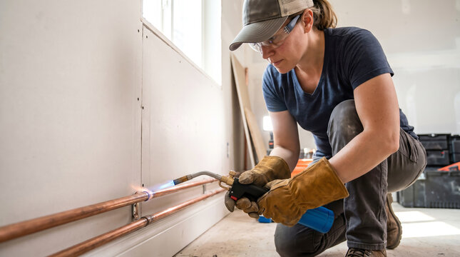 A woman works on soldering copper pipes in a room that is being built. She wears gloves and safety glasses for protection while focused on her task