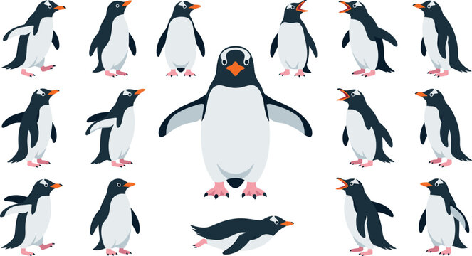 Cute penguin vector character set featuring arctic birds in various poses like walking, standing, squawking, and sliding on stomach.
