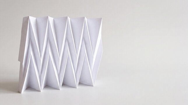 Wei&szlig;es Papier kunstvoll in pr&auml;ziser Zickzack Faltung als abstraktes geometrisches Origami Muster auf hellem Hintergrund