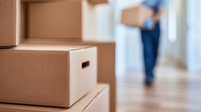 Stacked cardboard boxes with blurred mover carrying package in background