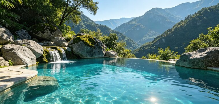 swimming pool in nature, Fits outdoor hiking tourism slides, eco-travel brochures, mountain resort web banners,wilderness getaway promotional visuals.