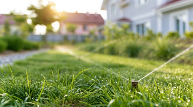 Garden sprinkler spraying water on green lawn at sunset