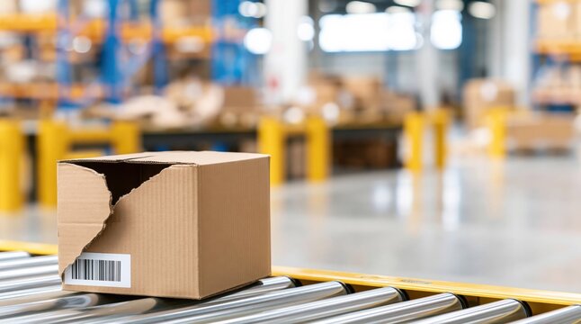 Damaged cardboard box with barcode on roller conveyor in logistics warehouse