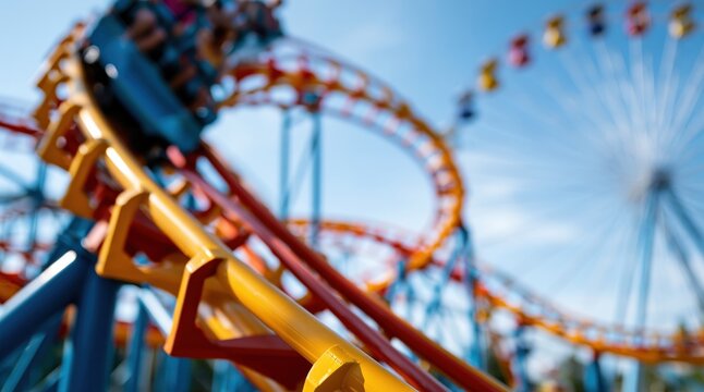 Colorful roller coaster track and ferris wheel at amusement park