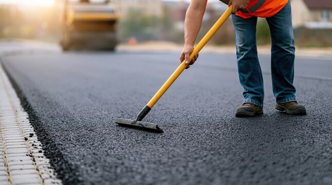 Construction worker smoothing fresh asphalt with lute on road project