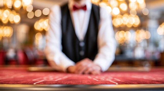 Dealer in vest and bow tie at red gaming table with bokeh lights