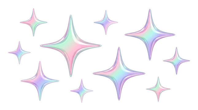 Group of shiny holographic 3d stars for abstract decoration.