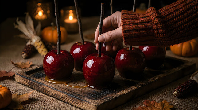Hand reaching for glossy red candy apples on wooden tray with autumn pumpkins, corn and candlelight, fall harvest concept